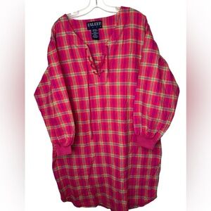 Vintage ESLEEP Dorm Plaid Flannel Nightshirt One Size Lace-Up Neck 100% Cotton